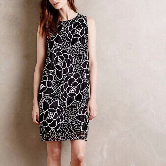 Anthropologie Sachin & Babi Petalwork Shift Dress Size 8 Black White Embroidery - Picture 2 of 10